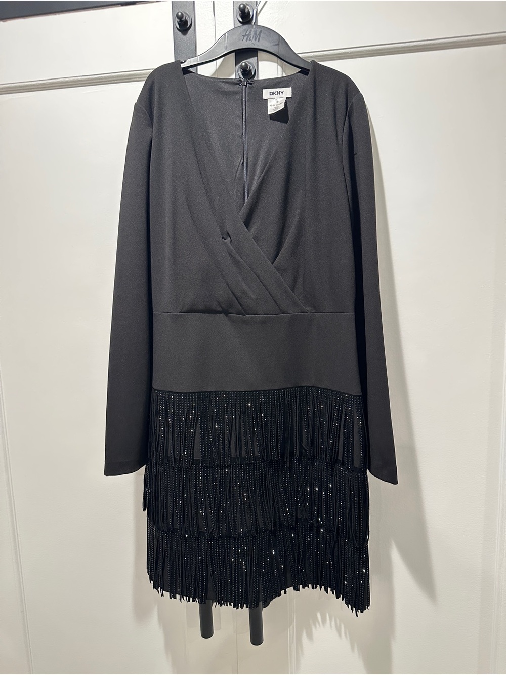 DKNY Black Long-Sleeve Fringe Dress with V-Neck
